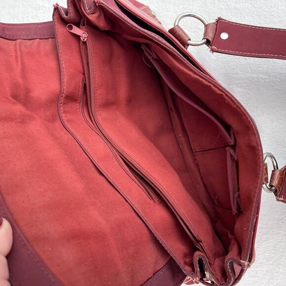 Franco Sarto Red Leather Embossed Brown Trim Shoulder Bag Dual Straps Buckle - Picture 9 of 16